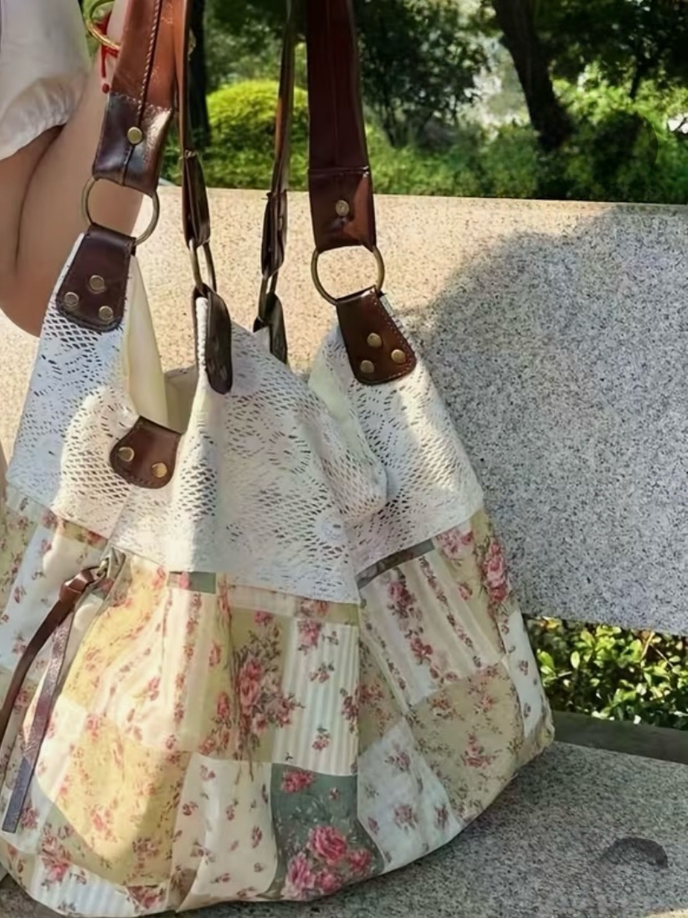 Women’s Floral Patchwork Tote Bag with Crochet Trim - Picture 2 of 2